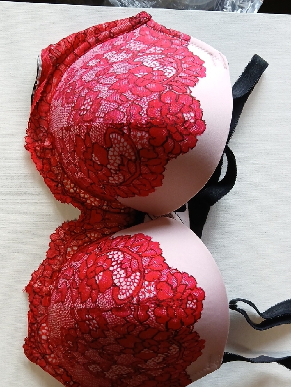 Victoria's Secret Pink, Red, & Black Sexy Dream Angels Lined Demi Faux Lace Bra - Picture 15 of 16